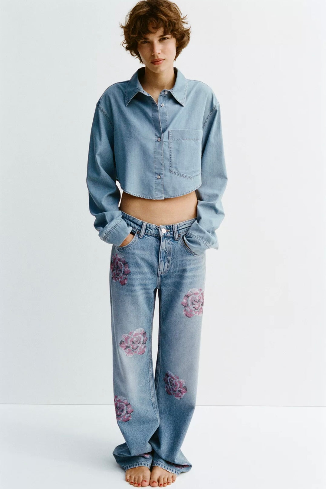CAMISA CROP MEZCLILLA TRF