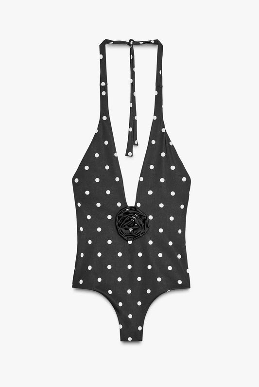 TRAJE DE BAÑO HALTER LUNARES FLOR RELIEVE